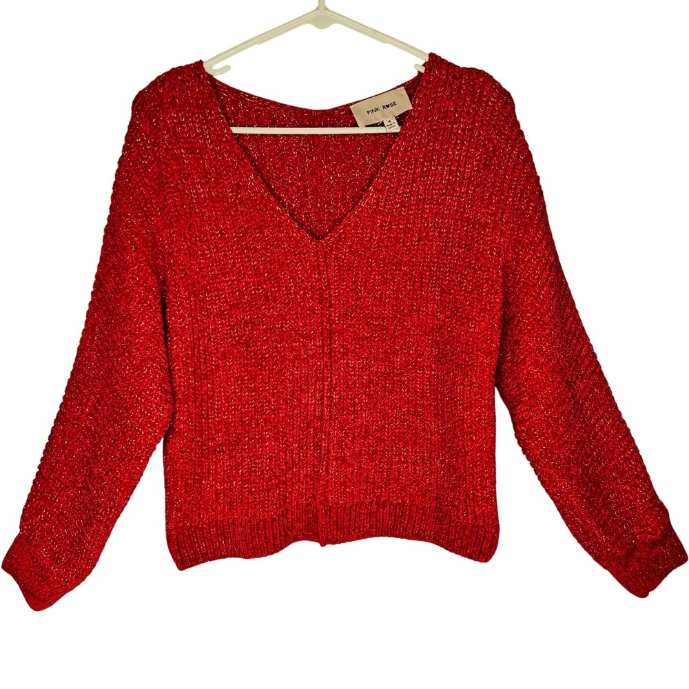 Women's Red Sparkle Metallic Knit Valentine's Day Sweater‎ Medium Cozy Rib Knit
